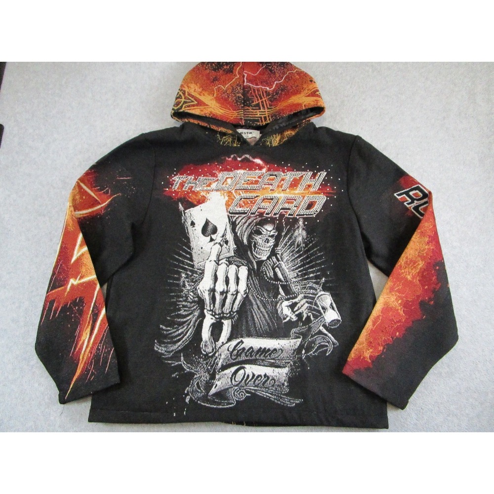 Majestik Hoodie Mens Medium‎ Black Death Card Grim Reaper Tapestry Y2K Sweater